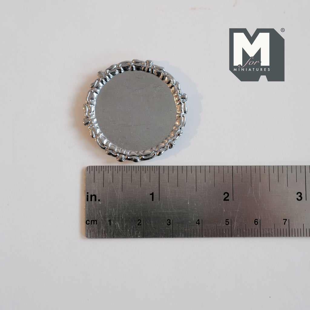 1:12 Scale Miniature Metal Round Tray, Raised Patterned Rim, 1-7/16 inch dia., DIY Dollhouse Supply (silver)