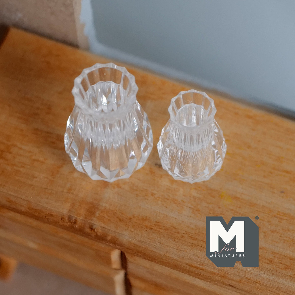 1:12 Scale Miniature Clear Glass Vases, Assorted Shapes, Set of 2, 1 to 1-3/16 inch tall, DIY Dollhouse Supply