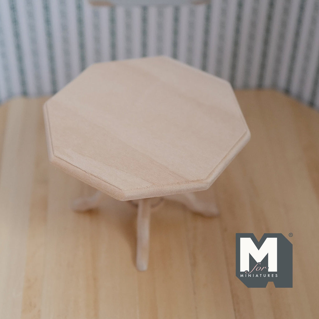 1:12 Scale Miniature Unpainted Wood Octagon Pedestal Table, 3-11/16 inch wide, DIY Dollhouse Supply