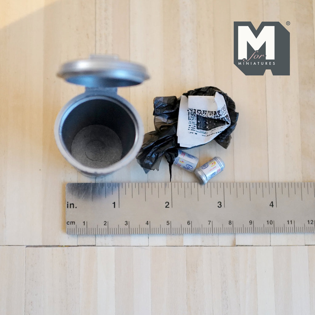 1:12 Scale Miniature Trash Bin with Lid and Trash, 2 inch tall, DIY Dollhouse Supply (gray)