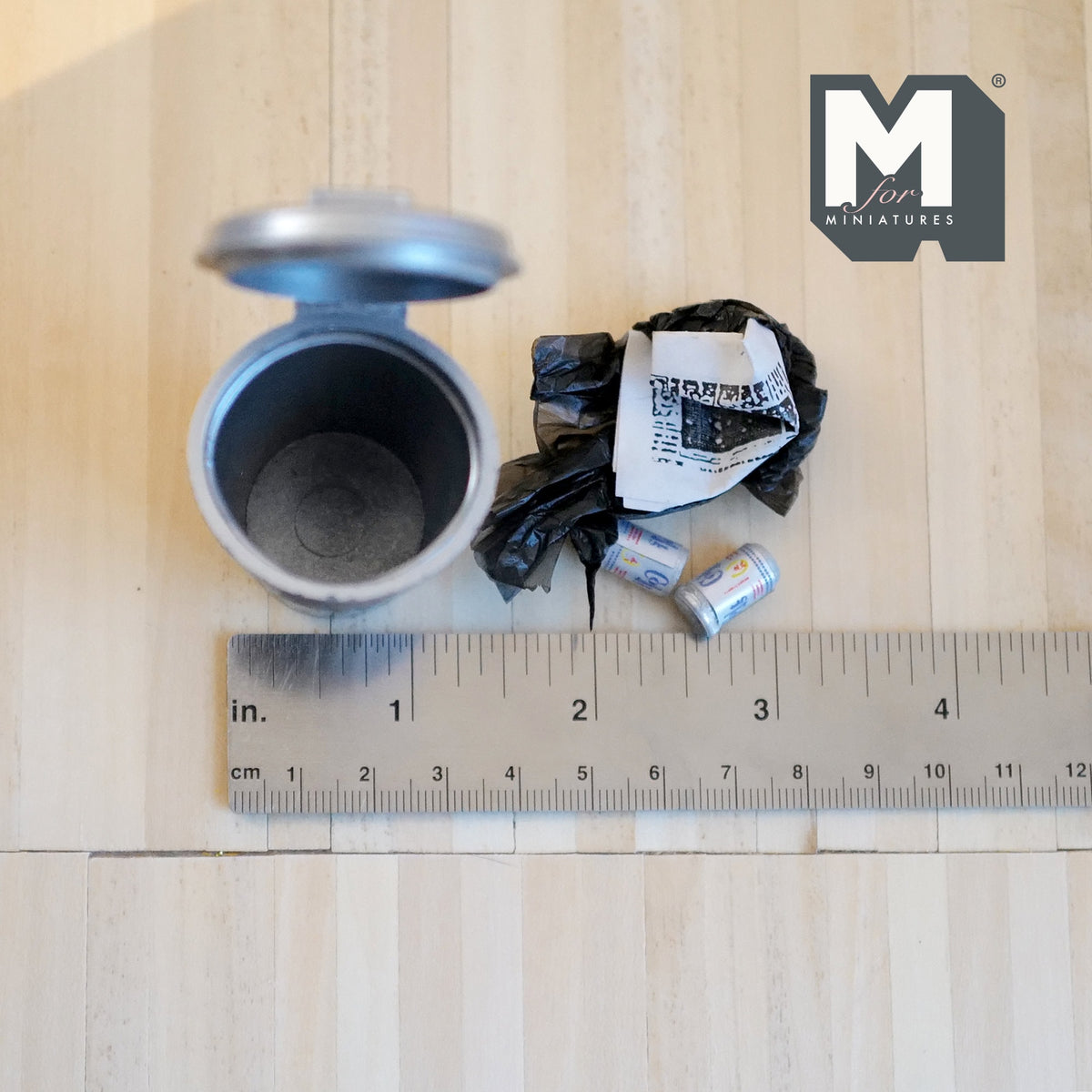 1:12 Scale Miniature Trash Bin with Lid and Trash, 2 inch tall, DIY Dollhouse Supply (gray)