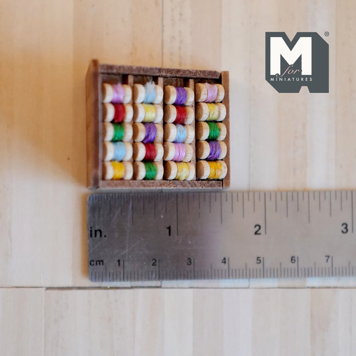 1:12 Scale Miniature Wood Spool Stand with Sewing Thread, 3-1/8 inch tall, DIY Dollhouse Supply