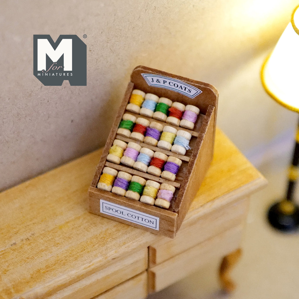 1:12 Scale Miniature Wood Spool Stand with Sewing Thread, 3-1/8 inch tall, DIY Dollhouse Supply