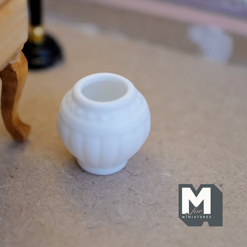 1:12 Scale Miniature Ceramic Ribbed Round Planter, 1-1/16 inch tall, DIY Dollhouse Supply (white)