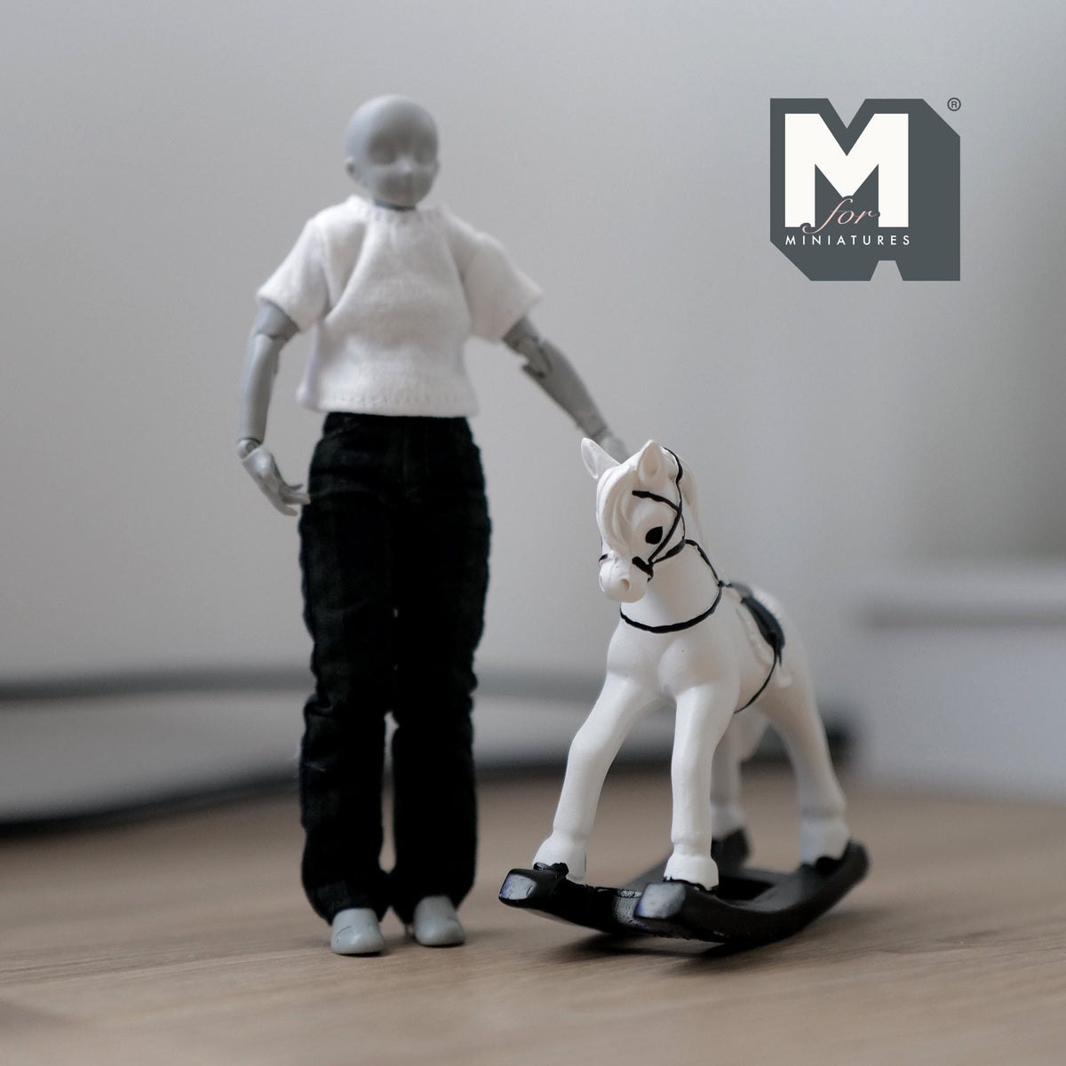 1:12 Scale Miniature Rocking Horse, Black Saddle, 3-1/16 inch tall, DIY Dollhouse Supply (cast resin) (white)