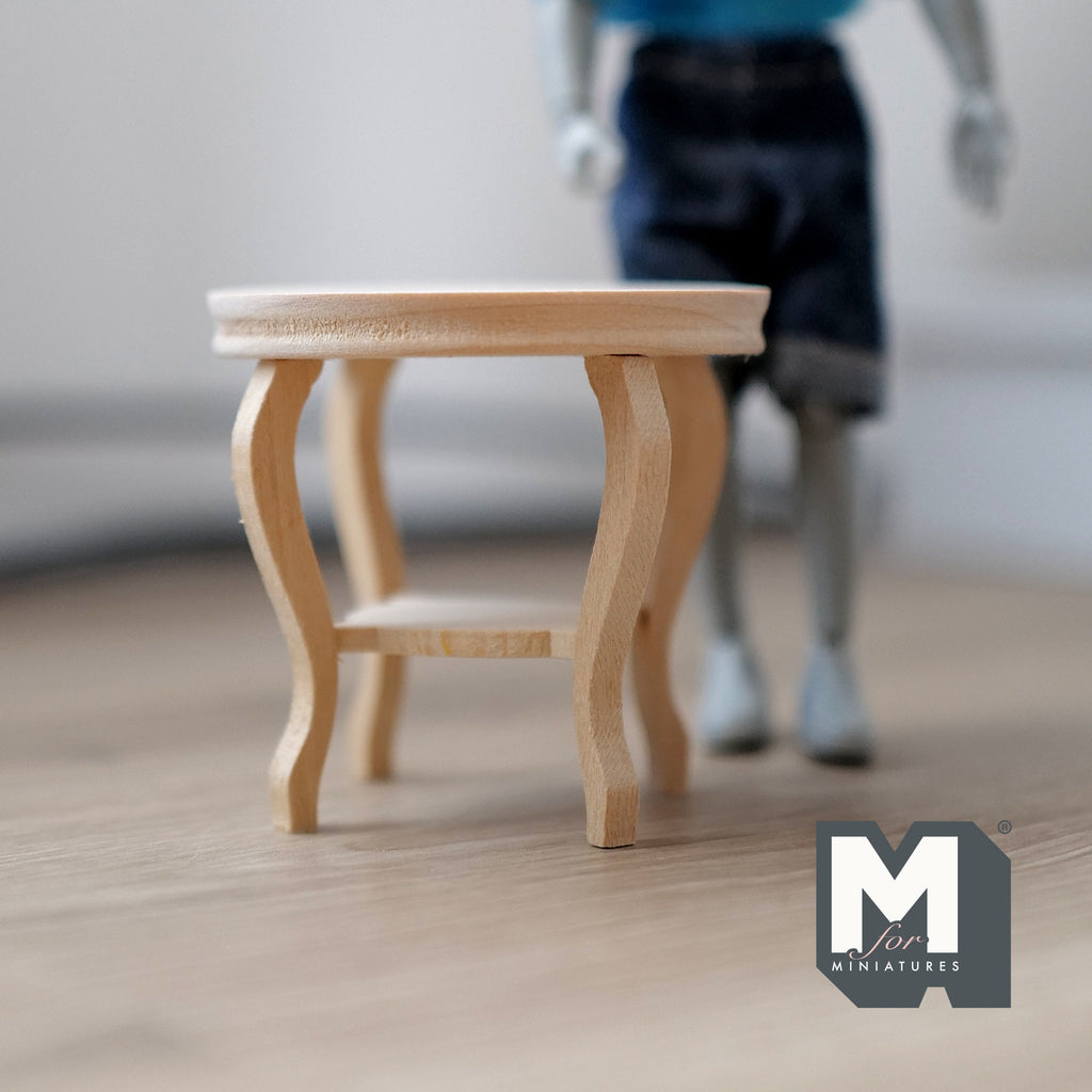 1:12 Scale Miniature Unpainted Wood Round Side Table, Cabriole Legs, Lower Shelf, 2-3/8 inch dia., DIY Dollhouse Supply