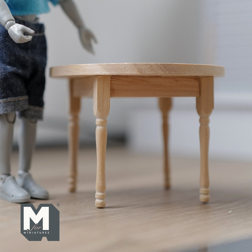 1:12 Scale Miniature Unpainted Wood Round Dining Table, Turned Legs, 3-9/16 inch dia., DIY Dollhouse Supply