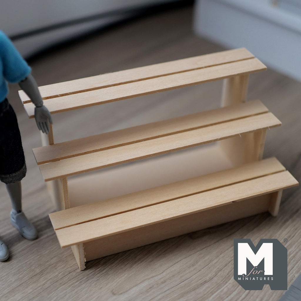 1:12 Scale Miniature Unpainted Wood 3 Tier Display Shelf, Stepped Fruit Stand, 5-11/16 inch long, DIY Dollhouse Supply (long)