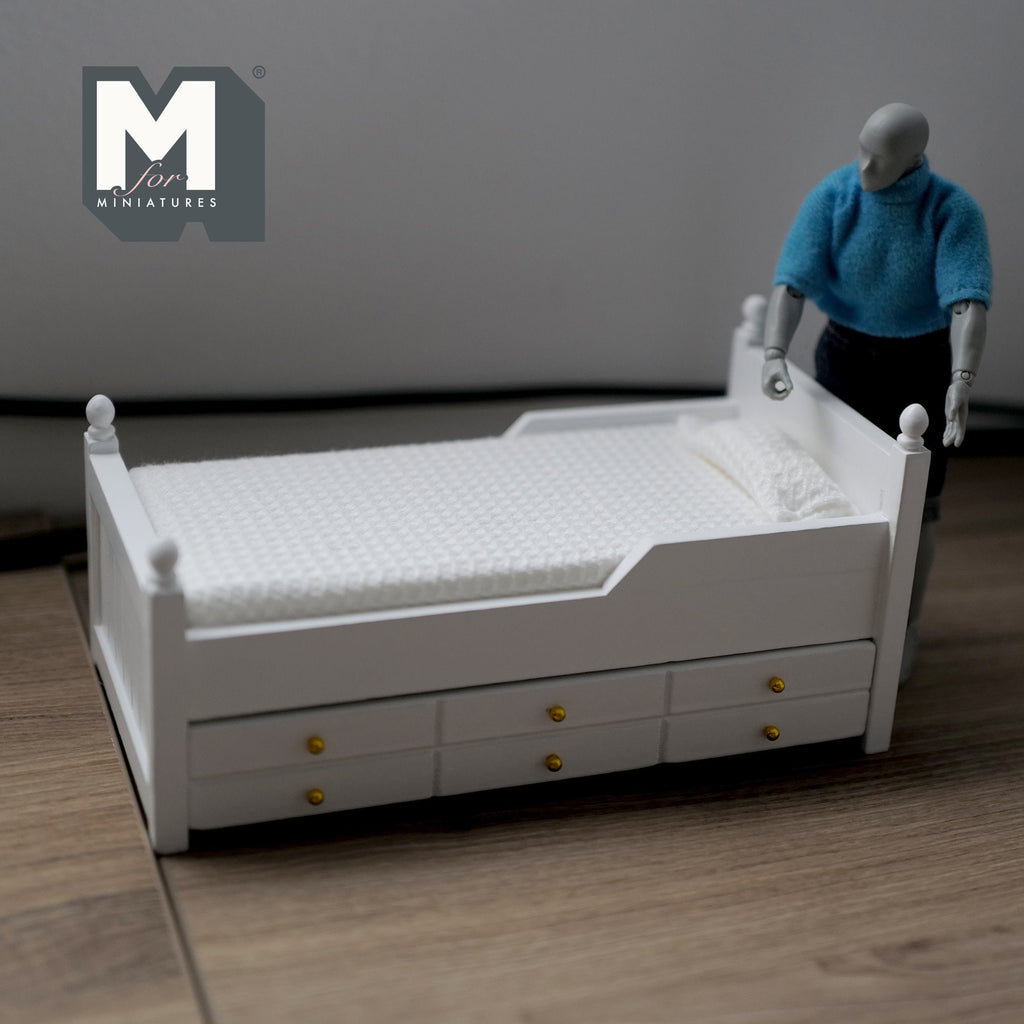 1:12 Scale Miniature Wood Daybed with Trundle Drawer, Mattress and Pillow, 6-13/16 inch long, DIY Dollhouse Supply (white)