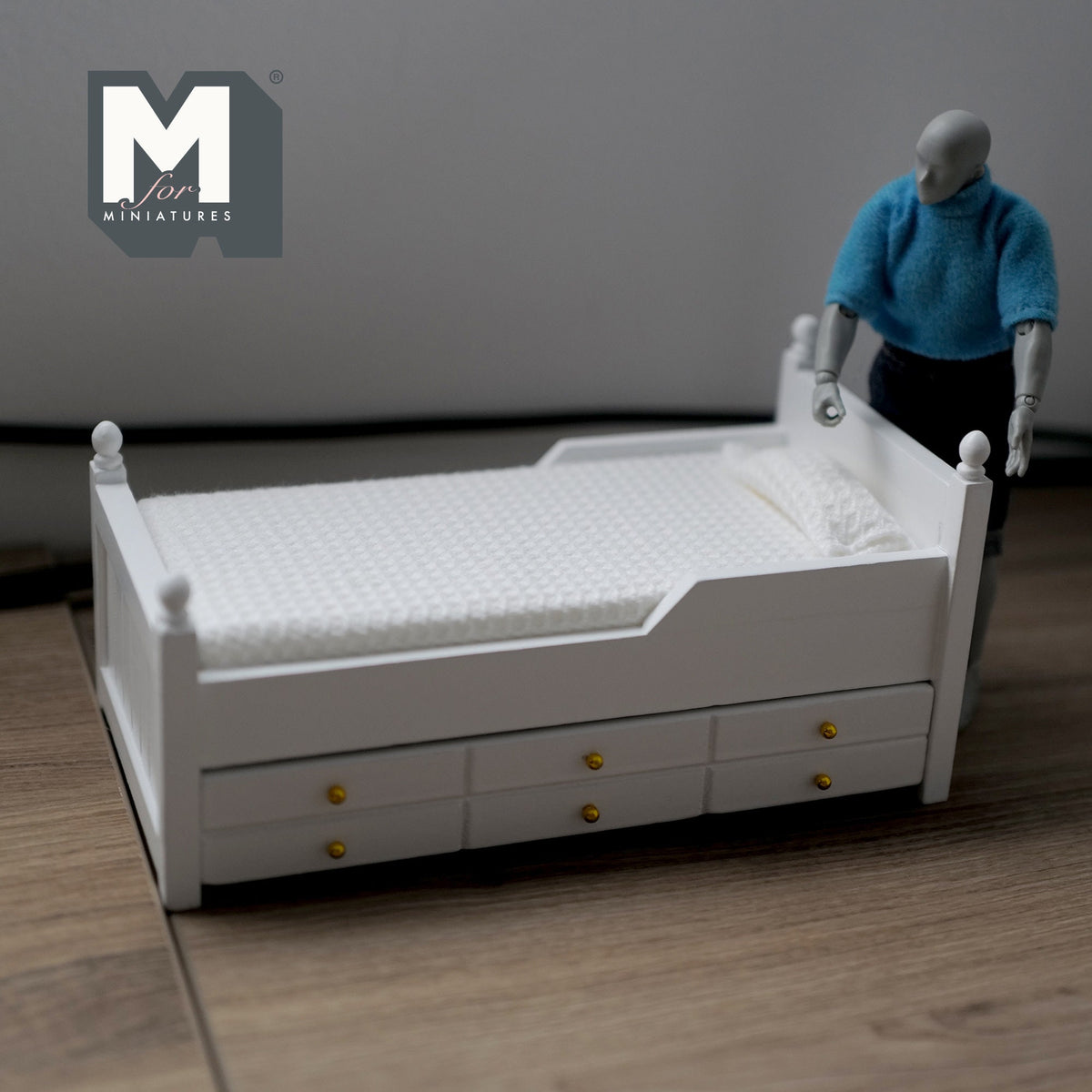 1:12 Scale Miniature Wood Daybed with Trundle Drawer, Mattress and Pillow, 6-13/16 inch long, DIY Dollhouse Supply (white)