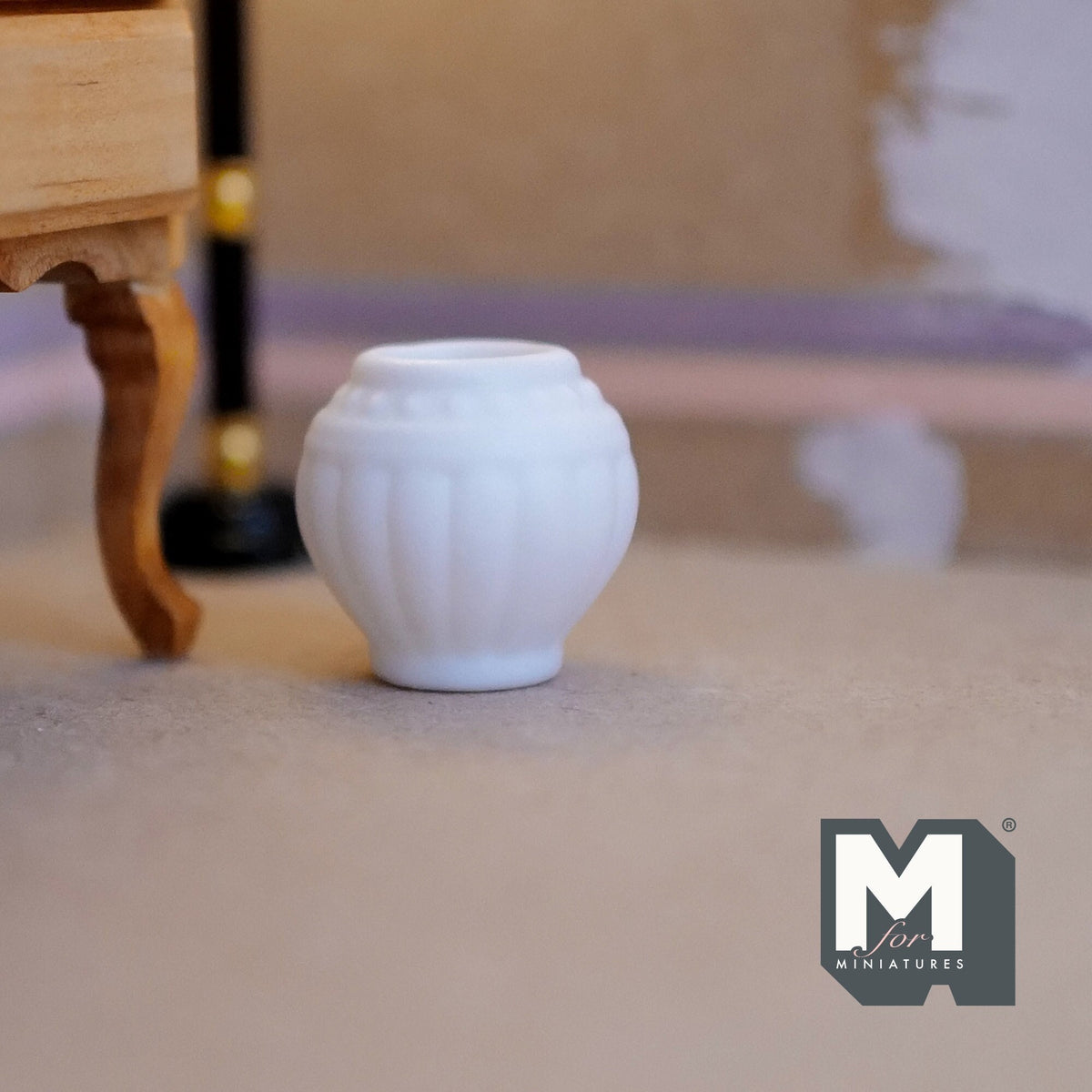 1:12 Scale Miniature Ceramic Ribbed Round Planter, 1-1/16 inch tall, DIY Dollhouse Supply (white)