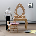 1:12 scale miniature unpainted wood dressing table with oval mirror and chair, carved frame, shown with a figure for scale