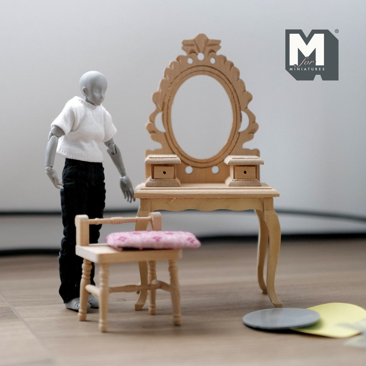 1:12 Scale Miniature Unpainted Wood Dressing Table with Oval Mirror and Chair, 5-3/4 inch tall, DIY Dollhouse Supply