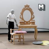 Dollhouse Supplies Dressing Table with Mirror and Chair 1:12 Scale Unpainted Dresser - H007