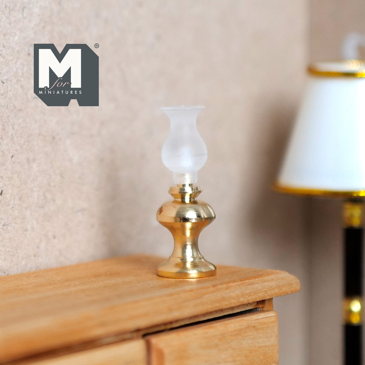 1:12 Scale Miniature Brass Oil Lamp with Glass Chimney, 1-7/16 inch tall, DIY Dollhouse Supply (will not light up)
