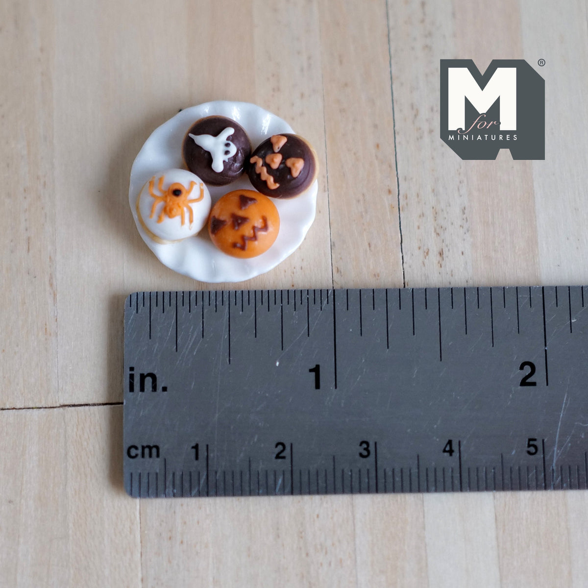 Miniature Halloween Desserts and Tray Set of 5 , 1:12 Scale Dollhouse Ghost Pumpkin Face Spider Chocolate  - E034