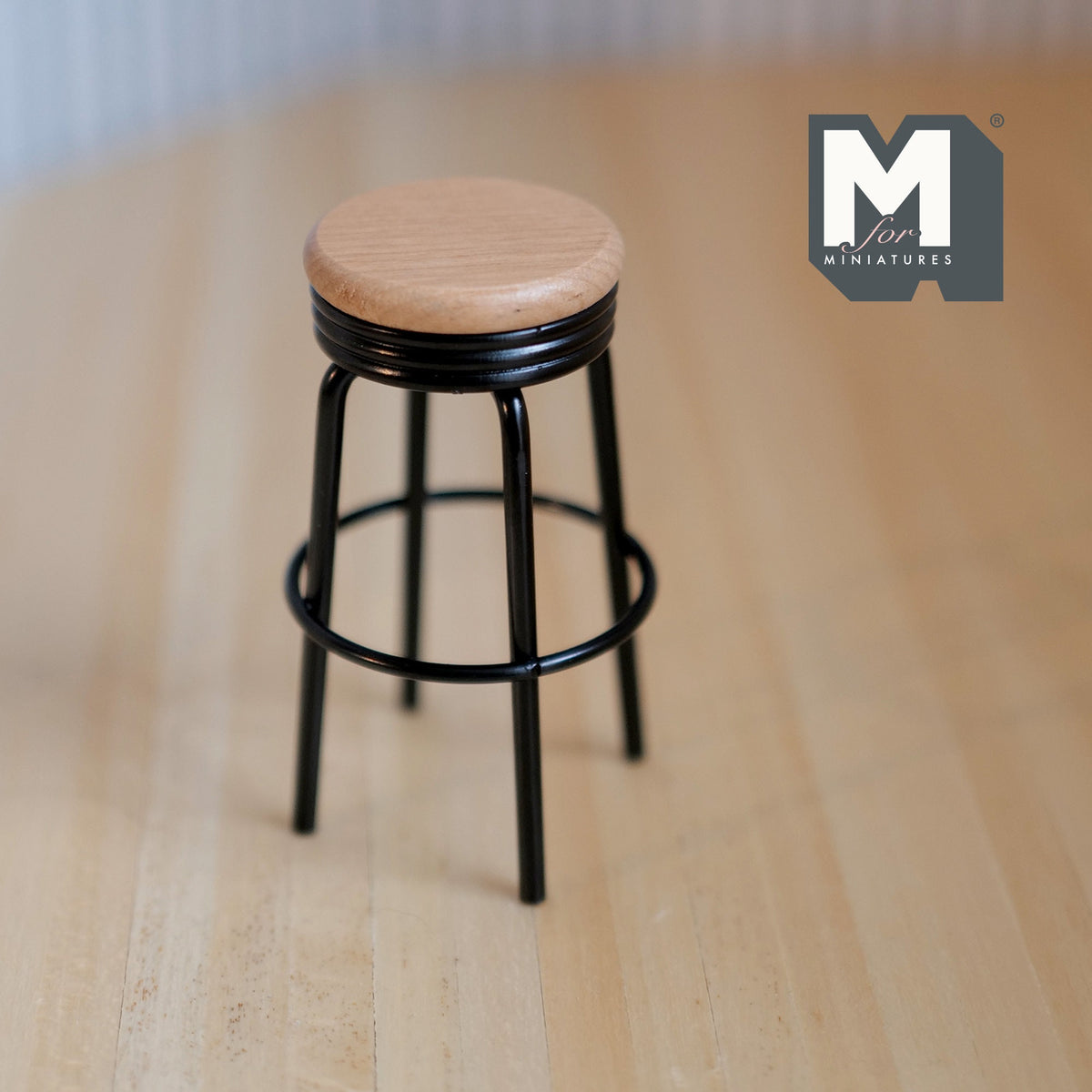 1:12 Scale Miniature Metal Bar Stool with Wood Seat, 2-11/16 inch tall, DIY Dollhouse Supply (black)