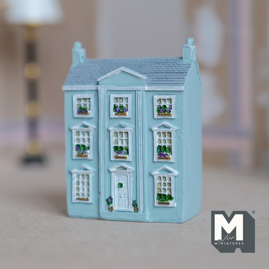 1:144 scale miniature resin Georgian house model in light blue, house in a house, three story facade with white windows