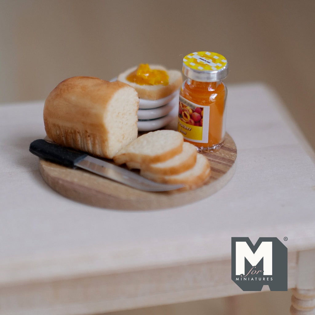 1:12 Scale Miniature Bread Loaf with Jam and Knife on Round Board, 1-9/16 inch dia., DIY Dollhouse Supply (non edible)