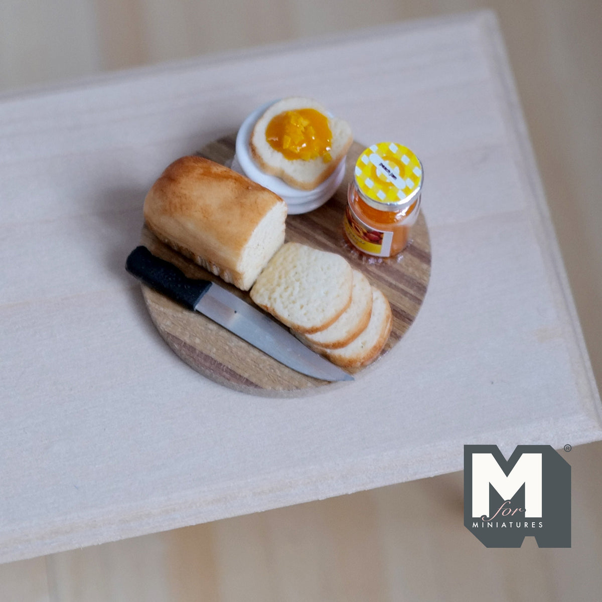 1:12 Scale Miniature Bread Loaf with Jam and Knife on Round Board, 1-9/16 inch dia., DIY Dollhouse Supply (non edible)