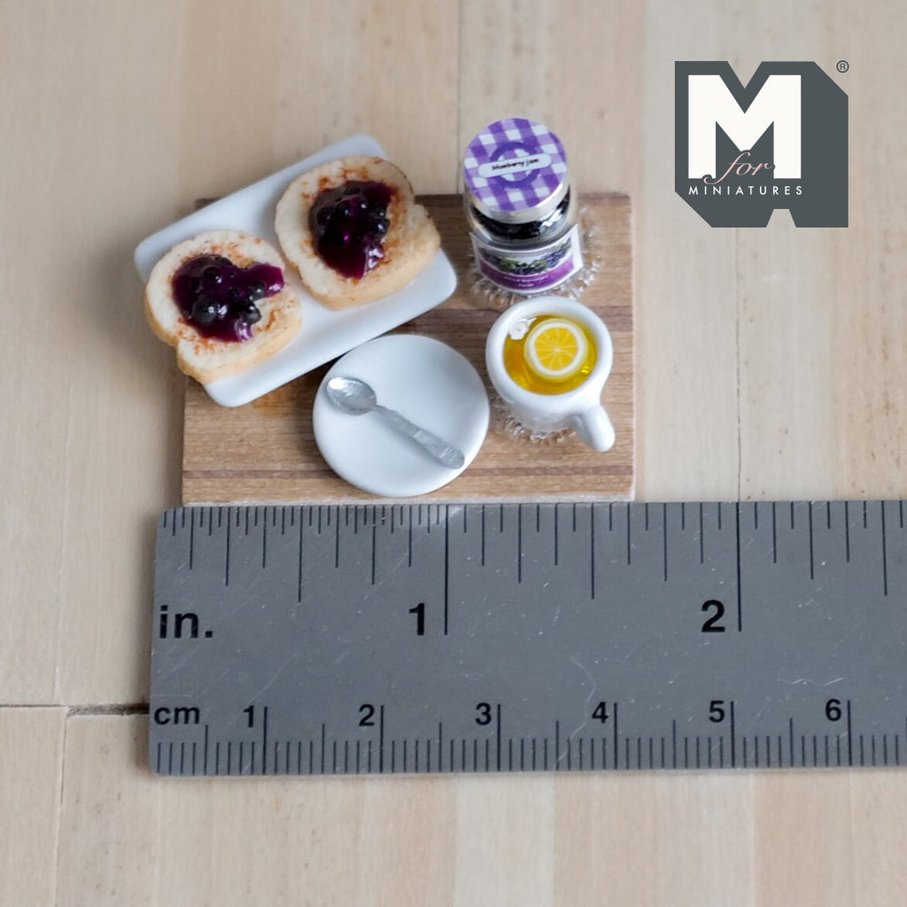 1:12 Scale Miniature Breakfast Board with Jam Toast, Jam Jar and Lemon Tea, 1-9/16 inch long, DIY Dollhouse Supply