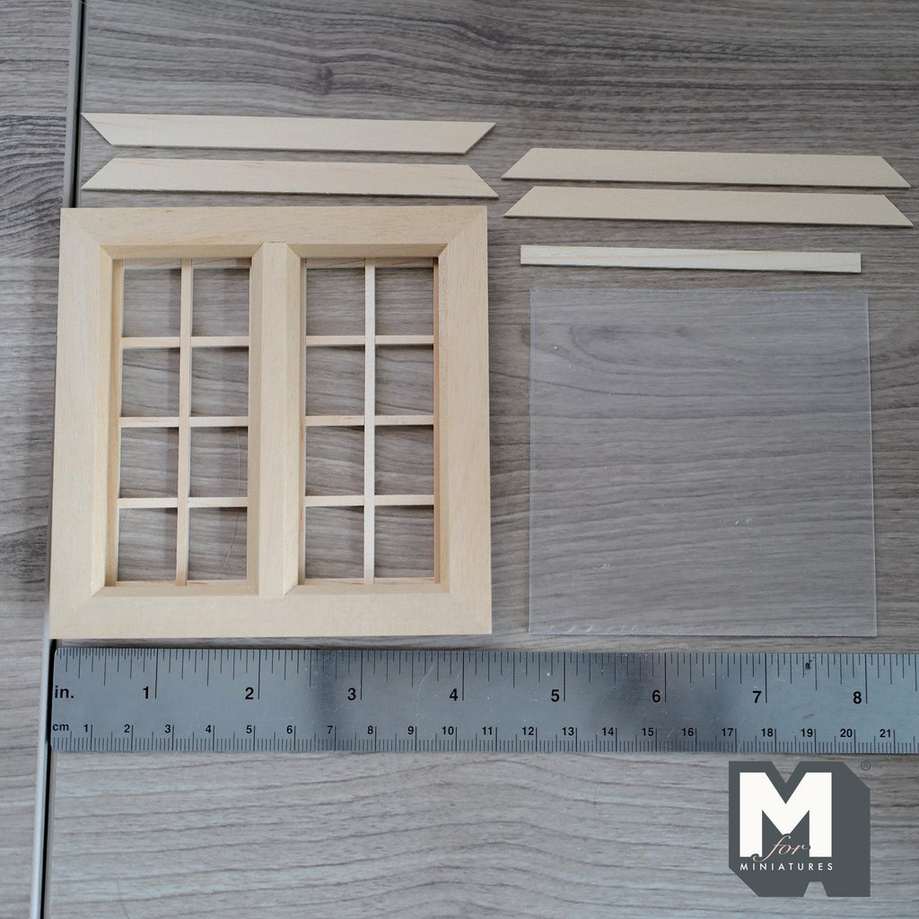 1:12 Scale Miniature Window with Acrylic Pane and Back Trim, Unfinished Wood, Ready to Paint, 4-3/16 inch wide, Dollhouse Craft Supply