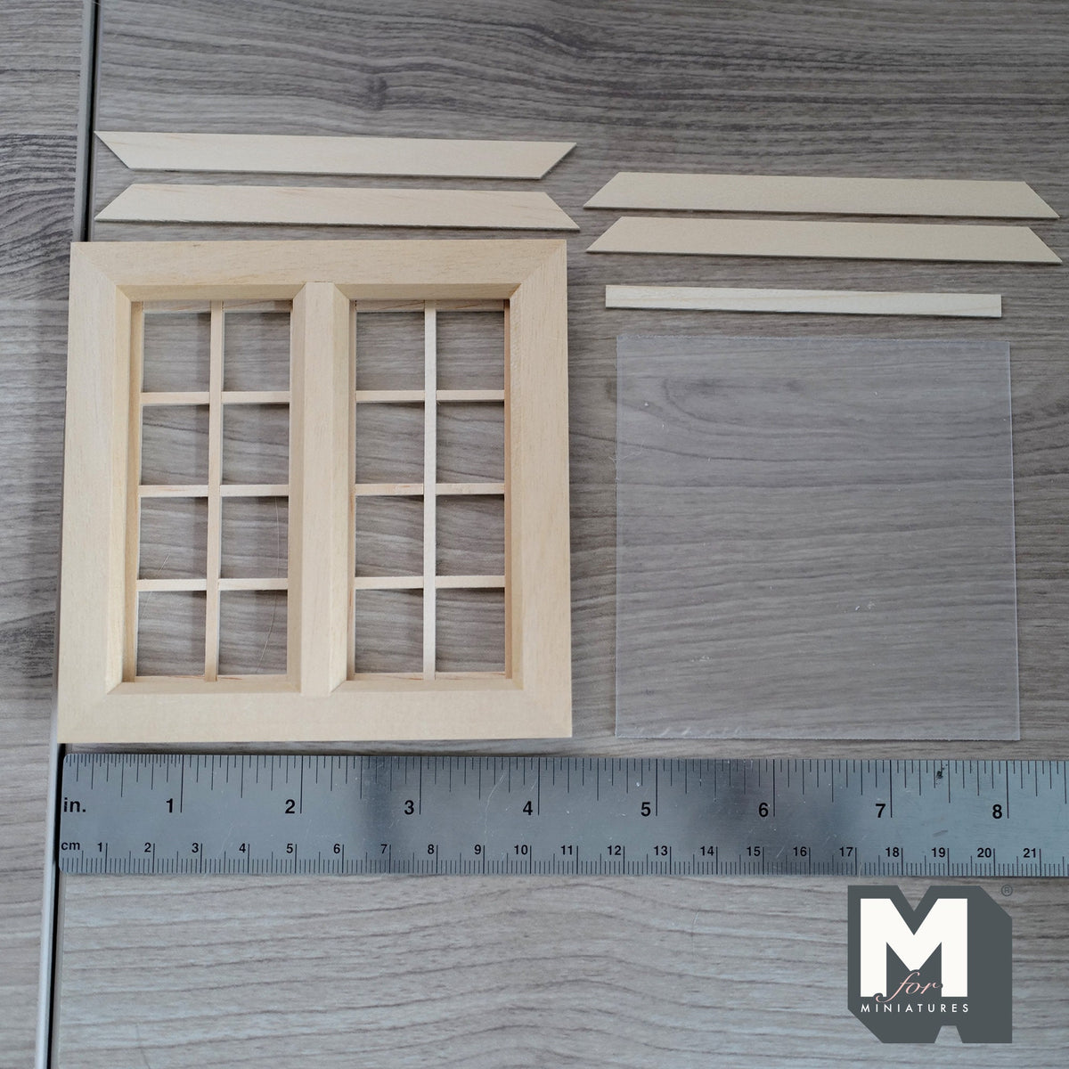 1:12 Scale Miniature Window with Acrylic Pane and Back Trim, Unfinished Wood, Ready to Paint, 4-3/16 inch wide, Dollhouse Craft Supply