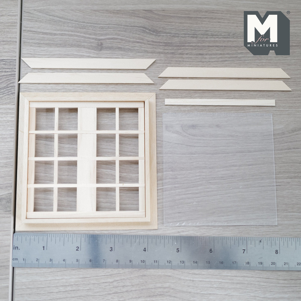 1:12 Scale Miniature Window with Acrylic Pane and Back Trim, Unfinished Wood, Ready to Paint, 4-3/16 inch wide, Dollhouse Craft Supply