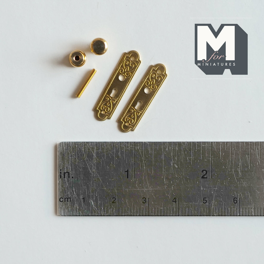 1:12 Scale Miniature Dollhouse Door Plates and Knobs Two Sided Set, 1-1/16 inch tall (gold)