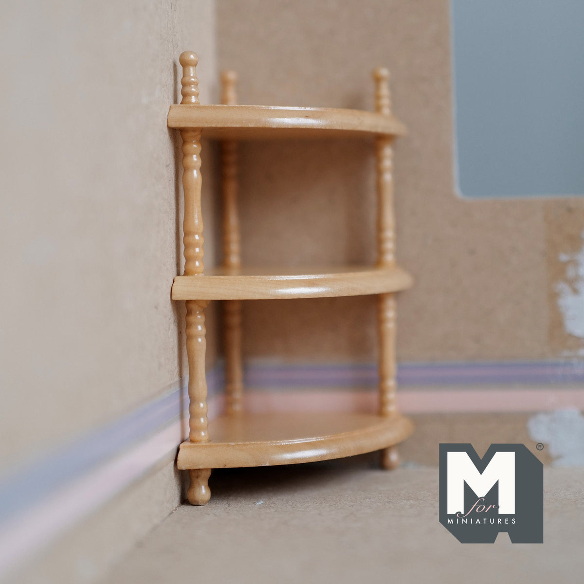 1:12 Scale Miniature Wood Corner Shelf Unit, 3 Tiers, 3-3/4 inch tall, DIY Dollhouse Supply (brown)