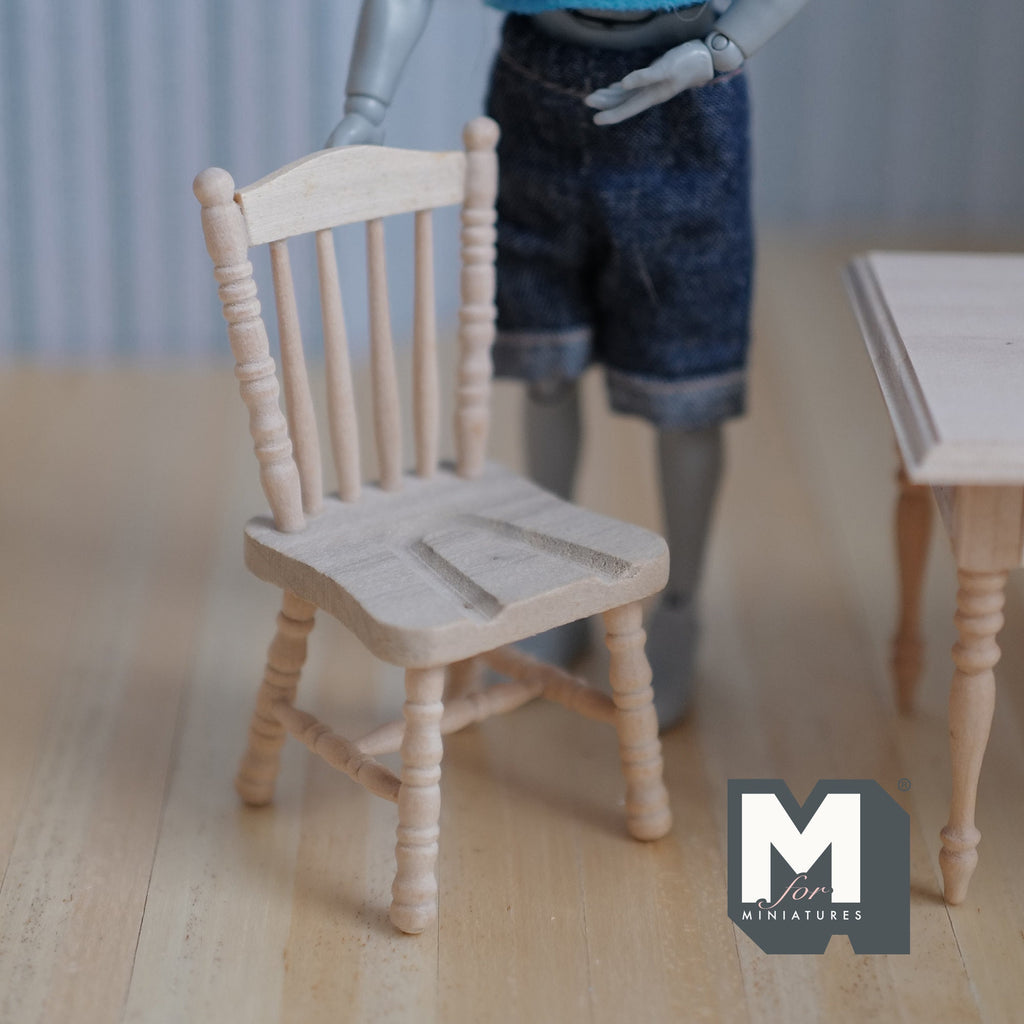 Miniatura a escala 1:12 de silla de madera sin pintar con respaldo de husillos, 3-1/8 inch de alto, suministros DIY para casa de muñecas
