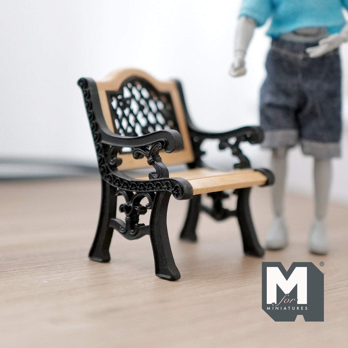 1:12 Scale Miniature Metal Garden Chair, Lattice Back, Wood Seat Slats, 2-15/16 inch tall, DIY Dollhouse Supply (black)