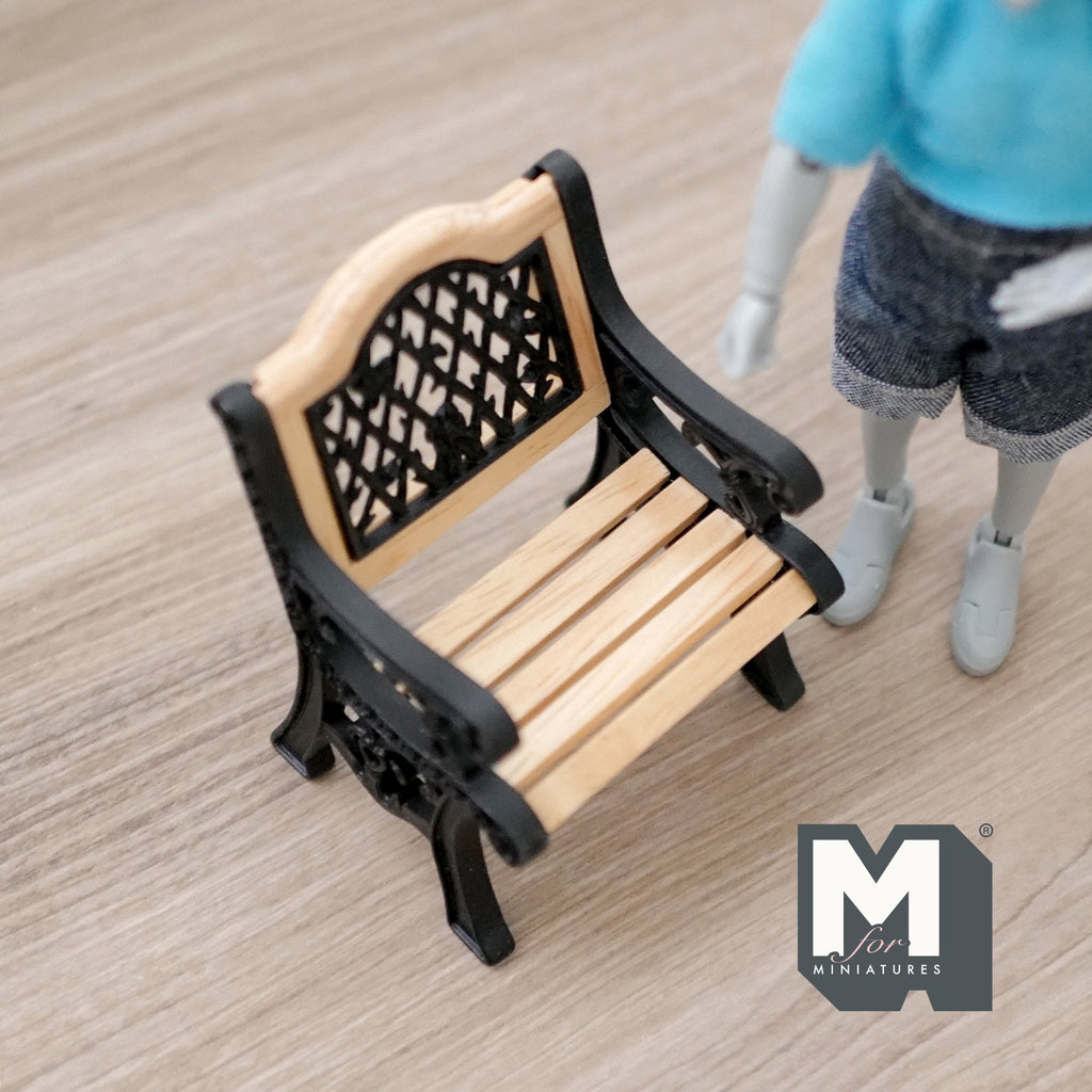 1:12 Scale Miniature Metal Garden Chair, Lattice Back, Wood Seat Slats, 2-15/16 inch tall, DIY Dollhouse Supply (black)