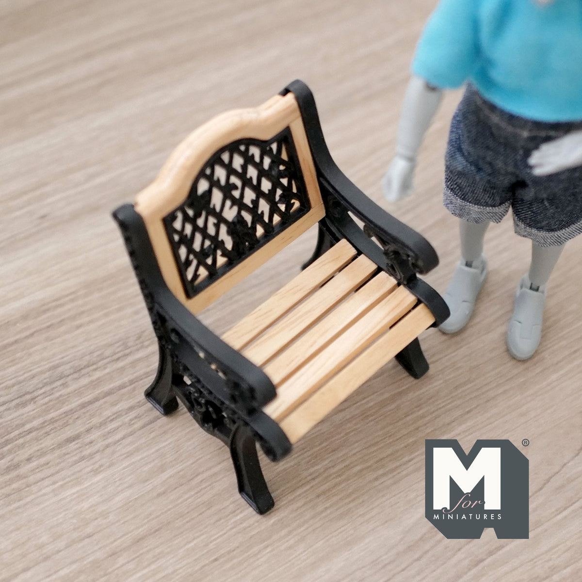 1:12 Scale Miniature Metal Garden Chair, Lattice Back, Wood Seat Slats, 2-15/16 inch tall, DIY Dollhouse Supply (black)