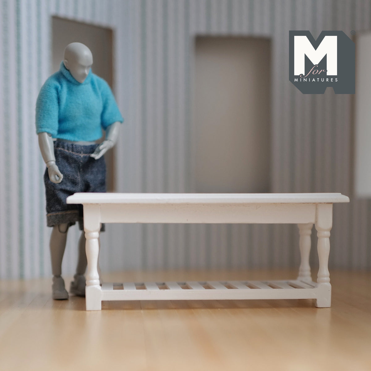 1:12 Scale Miniature Wood Kitchen Prep Table with Slatted Shelf, 5-11/16 inch long, DIY Dollhouse Supply (white)