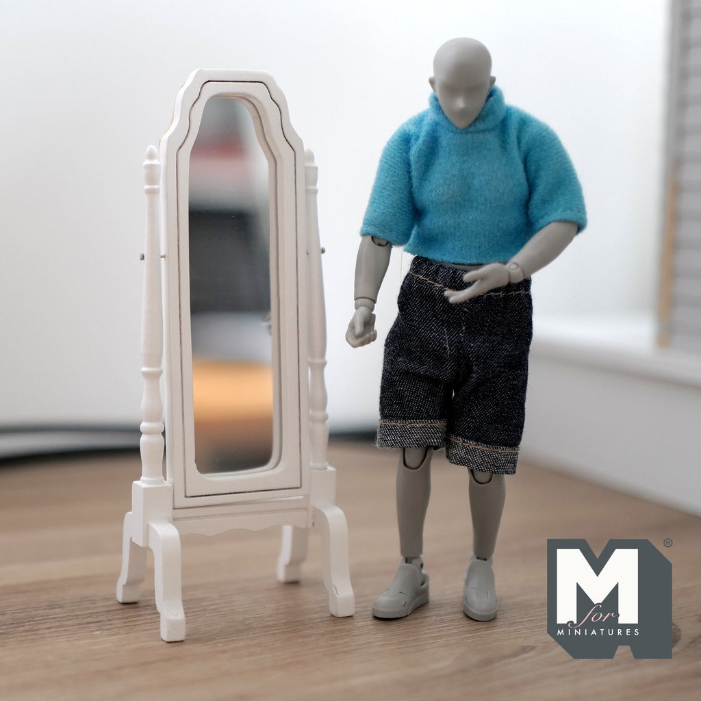 1:12 Scale Miniature Full Length Cheval Mirror, Free Standing, 5-3/8 inch tall, DIY Dollhouse Supply (wood) (white)