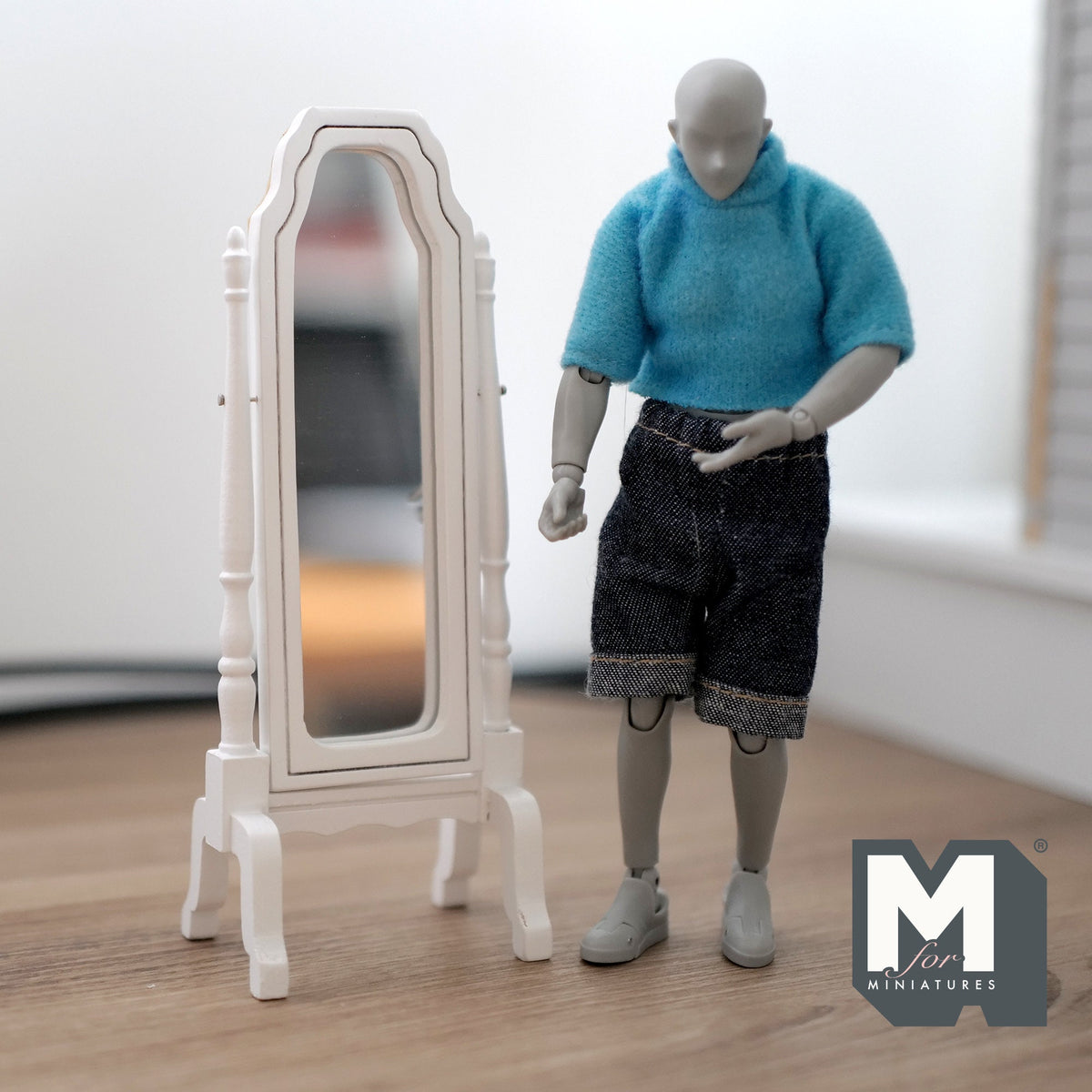 1:12 Scale Miniature Full Length Cheval Mirror, Free Standing, 5-3/8 inch tall, DIY Dollhouse Supply (wood) (white)