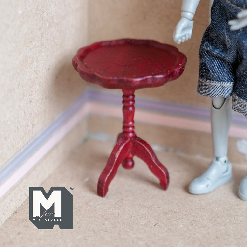 1:12 Scale Miniature Wood Pie Crust Round Table, Tripod Pedestal Base, 2-3/16 inch tall, DIY Dollhouse Supply (burgundy)