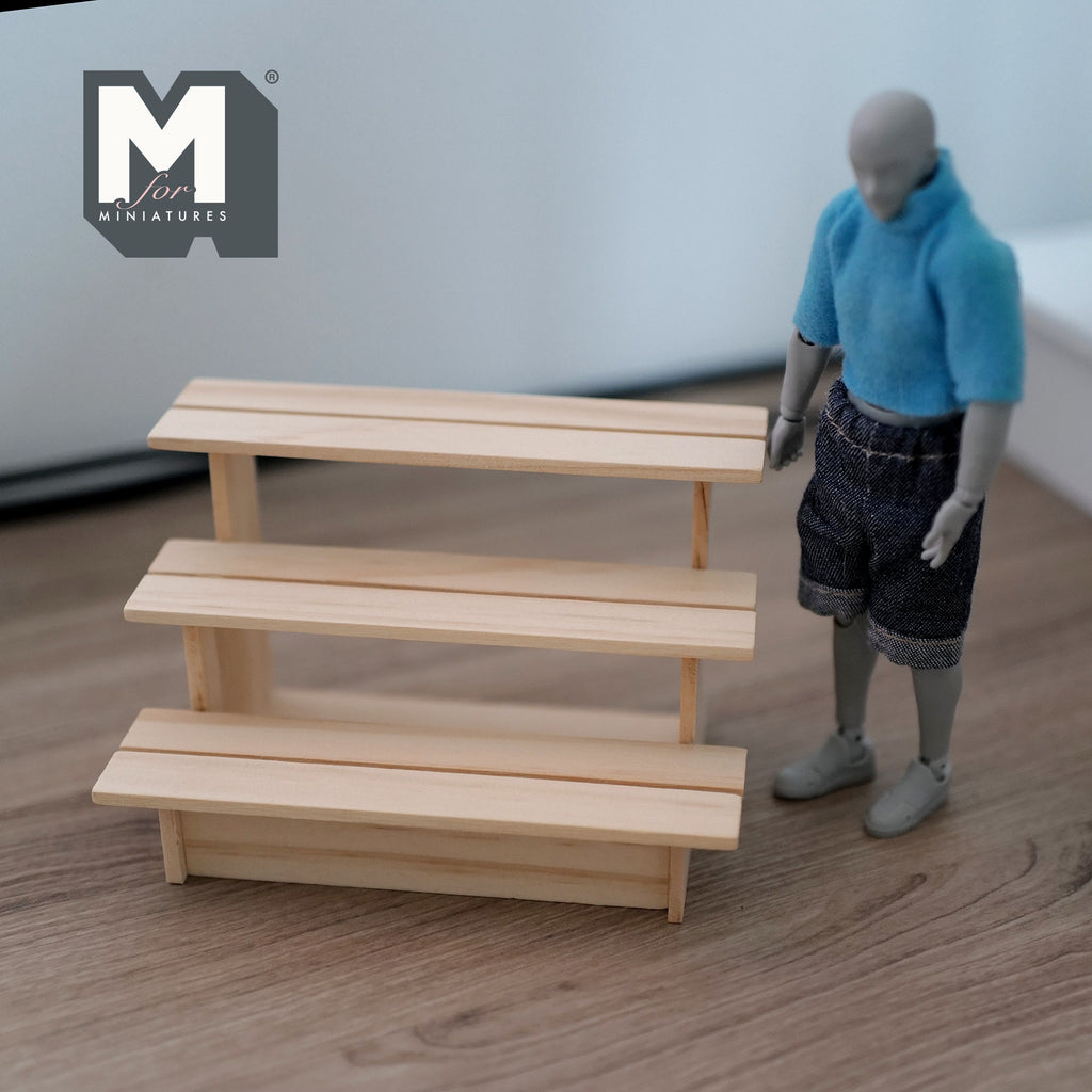 1:12 Scale Miniature Unpainted Wood 3 Tier Display Shelf, Stepped Fruit Stand, 4-3/4 inch long, DIY Dollhouse Supply (short)