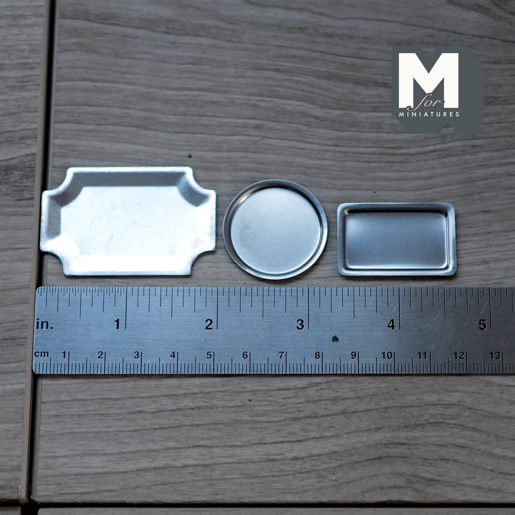 1:12 Scale Miniature Aluminum Serving Trays, Set of 3, Rectangular and Round, 1-15/16 inch long, DIY Dollhouse Supply