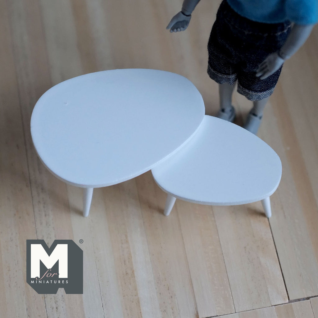 1:12 Scale Miniature Wood Oval Nesting Coffee Tables, Set of 2, Splayed Legs, 1-3/4 inch tall, DIY Dollhouse Supply (white)