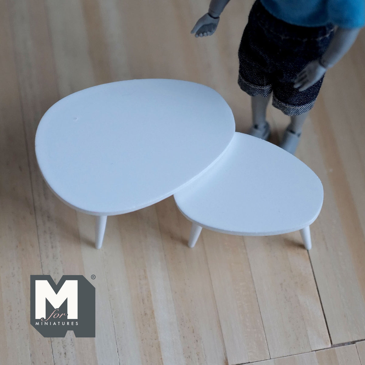 1:12 Scale Miniature Wood Oval Nesting Coffee Tables, Set of 2, Splayed Legs, 1-3/4 inch tall, DIY Dollhouse Supply (white)