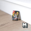 1:12 scale miniature BBQ fire starter box, empty box with black, red and yellow print, shown leaning against a wall