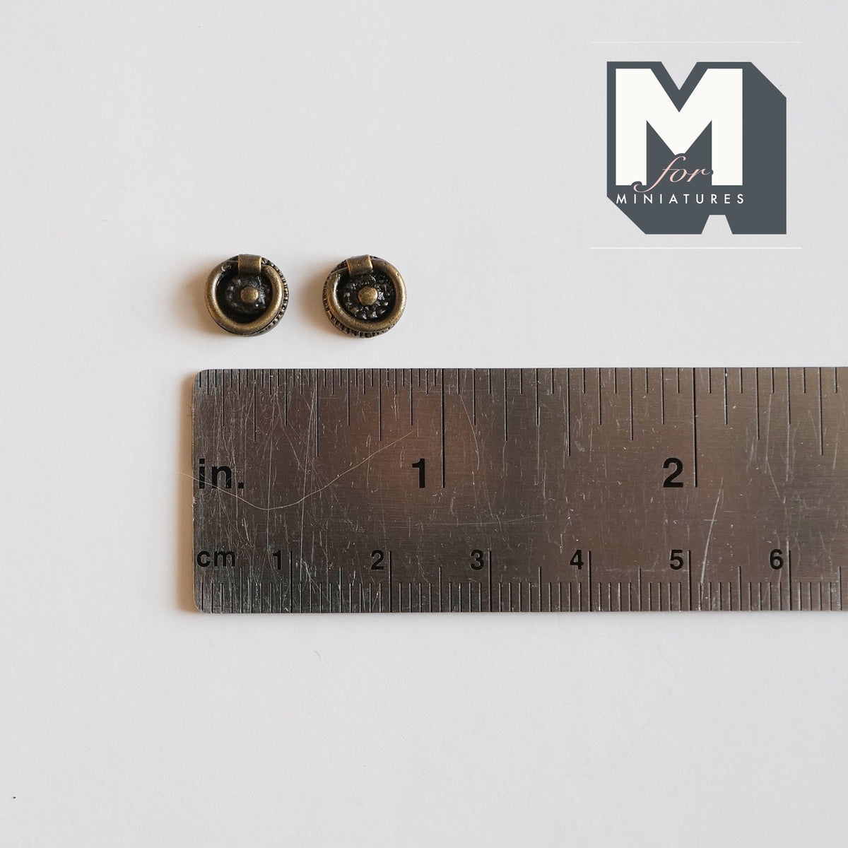 1:12 Scale Miniature Antique Brass Dollhouse Ring Drawer Pulls, Set of 2, 5/16 inch diameter