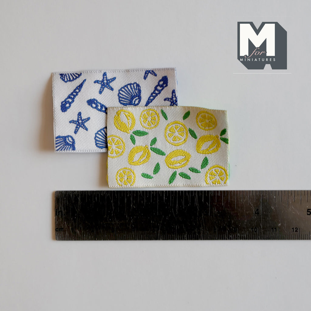 1:12 Scale Miniature Tea Towels, Seashell and Lemon Prints, Set of 2, 2-3/8 inch long, DIY Dollhouse Supply