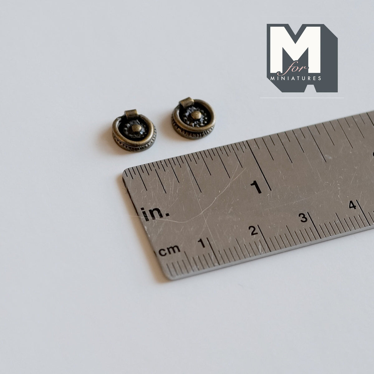 1:12 Scale Miniature Antique Brass Dollhouse Ring Drawer Pulls, Set of 2, 5/16 inch diameter