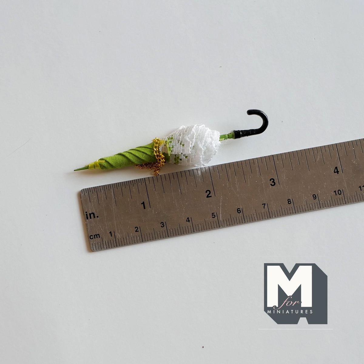 1:12 Scale Miniature Lace Parasol, Green Trim, Hook Handle, 3-1/16 inch long, DIY Dollhouse Supply