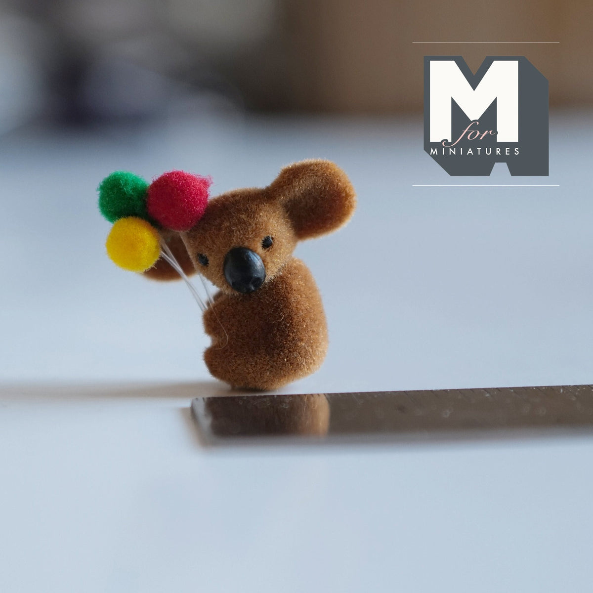 1:12 Scale Miniature Baby Koala with Balloons, 1-1/8 inch tall, DIY Dollhouse Supply (flocked skin)