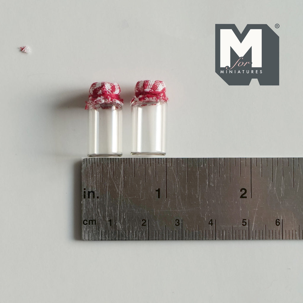 1:12 Scale Miniature Glass Jars with Checked Fabric Lids, Set of 2, 7/8 inch tall, DIY Dollhouse Supply