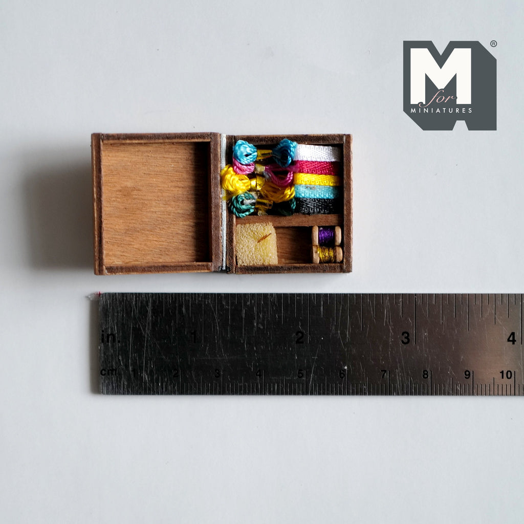 1:12 Scale Miniature Wood Needlework Box with Ribbons and Thread, 1-5/16 inch long, DIY Dollhouse Supply
